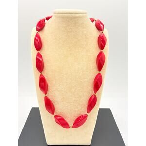 Vintage Trifari Red Leaf Bead Necklace- 30" Opera Length- Gold Tone Spacers